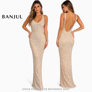 BANJUL Rhinestone Maxi Dress Nude Crystal Open Back Glam Gown S